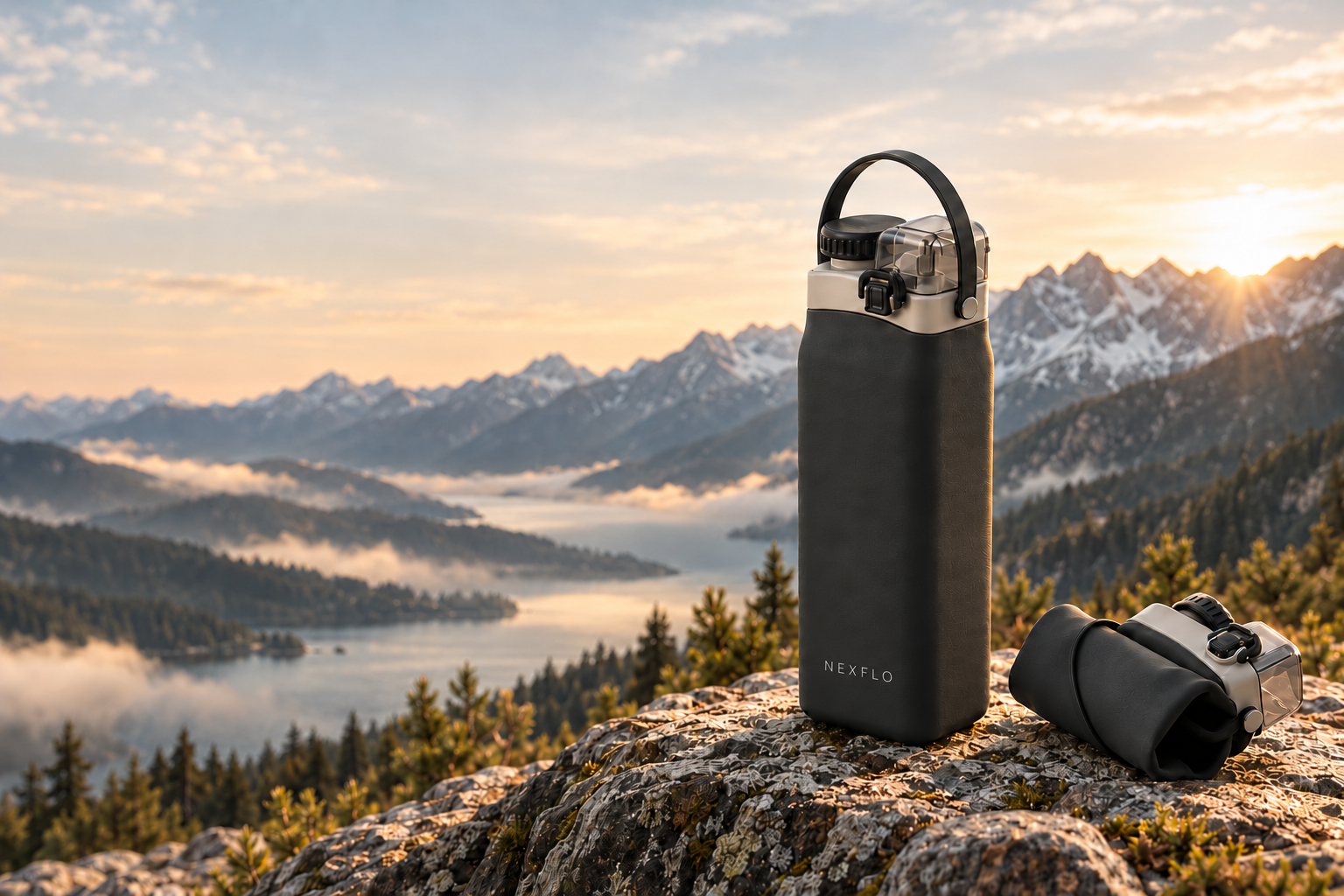 Charcoal collapsible water bottles on alpine stone beside a mountain lake