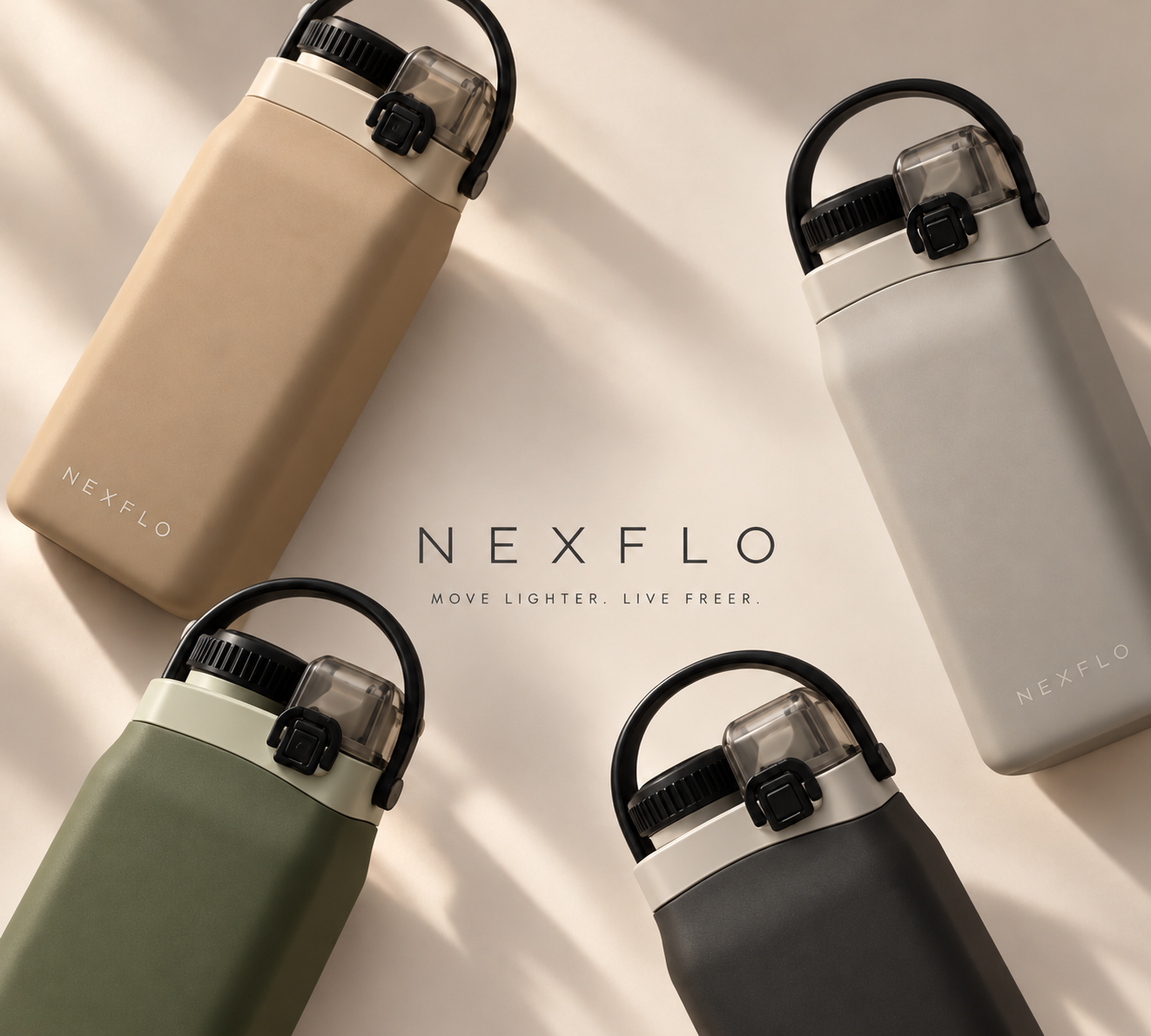 NEXFLO. Move lighter. Live freer. Four bottle colours arranged diagonally on a warm neutral background: Sand Beige, Stone Grey, Olive Green and Shadow Black.