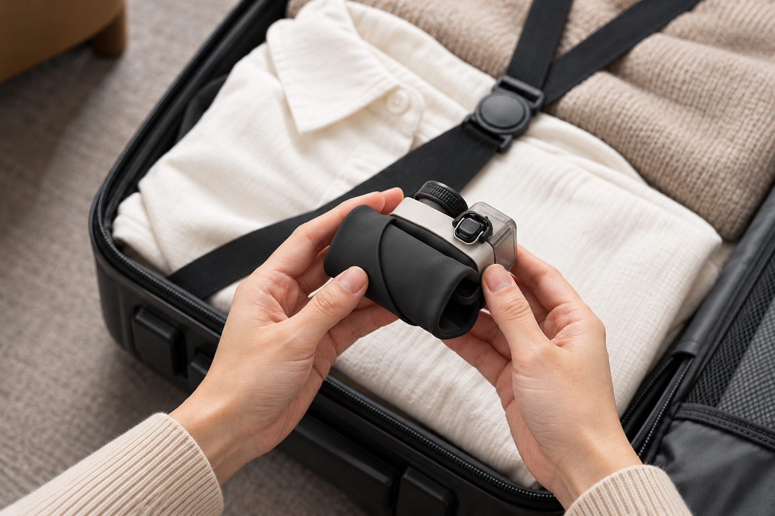 Hands holding a palm-sized folded charcoal NEXFLO bottle above a neatly packed suitcase