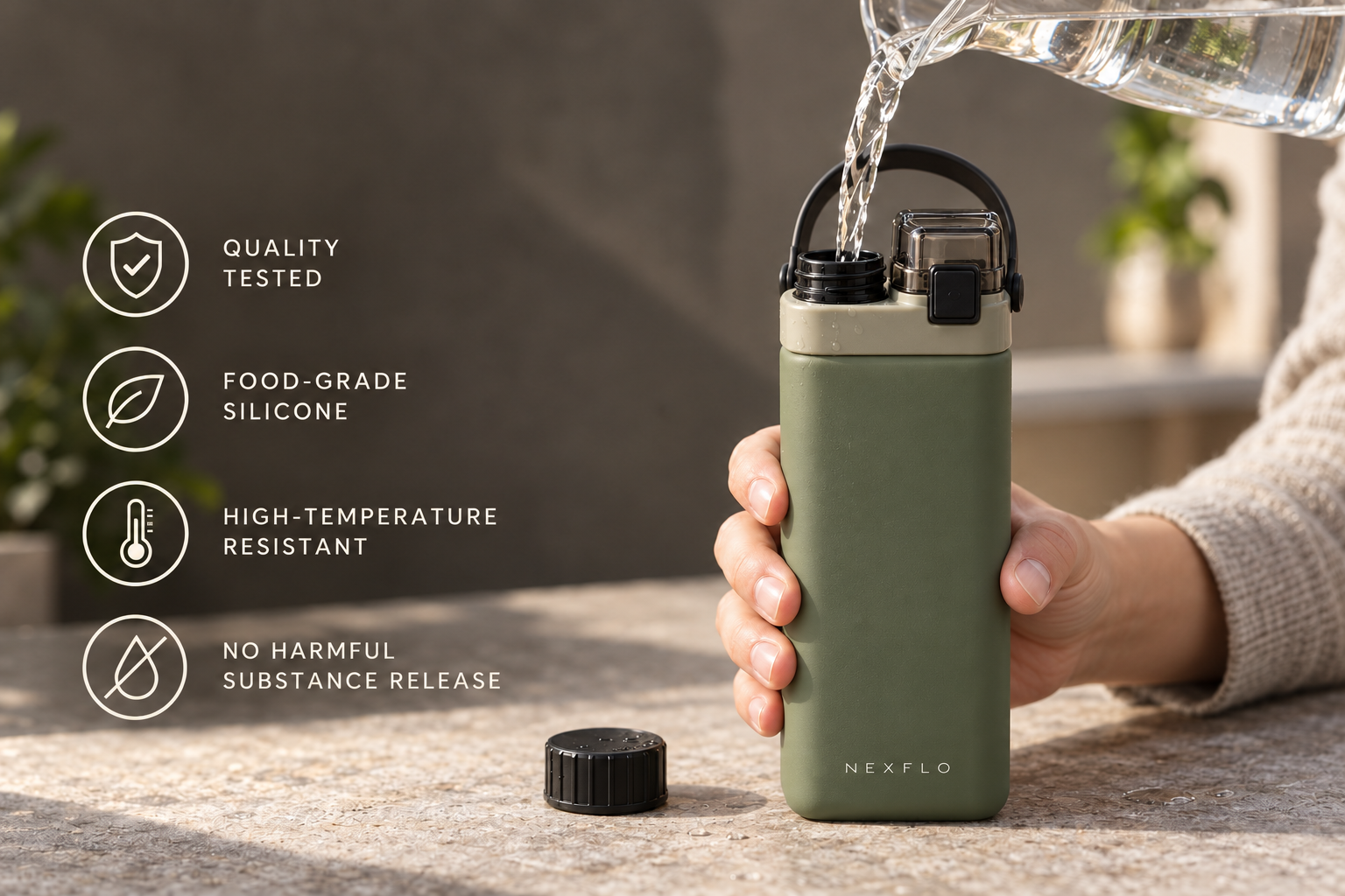 Water pouring into an Olive Green NEXFLO bottle, alongside four English material and quality feature icons