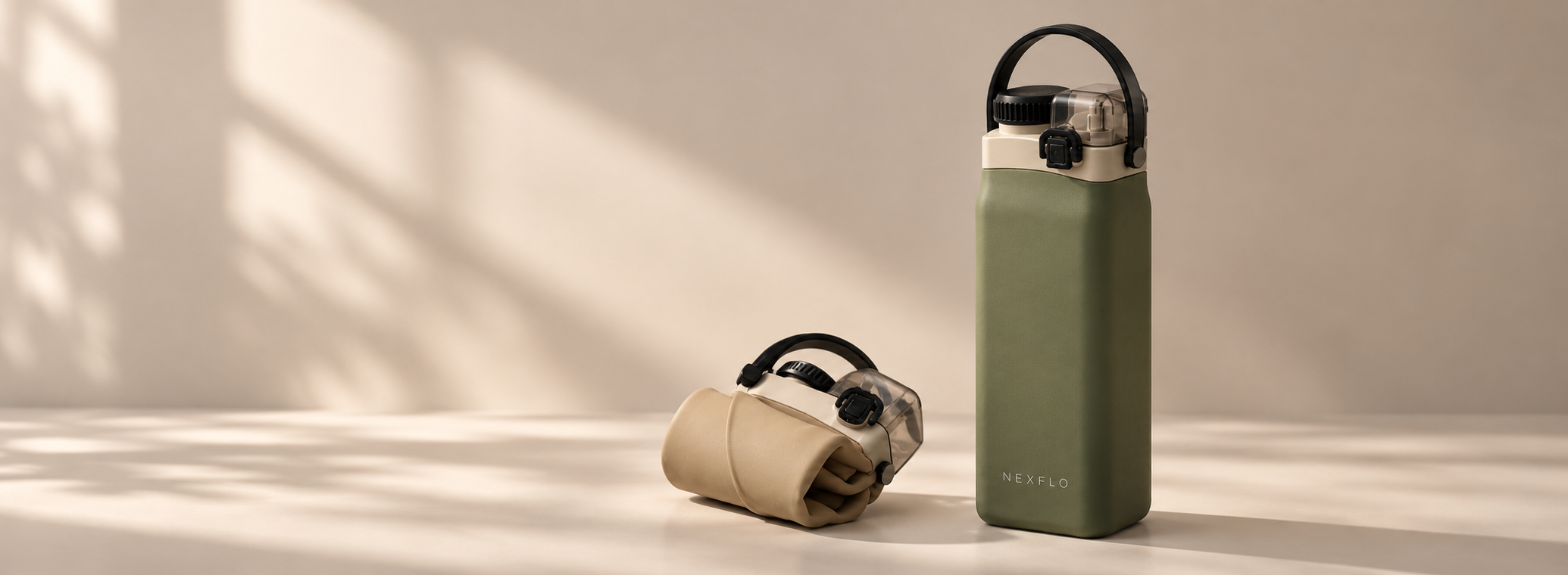 Olive Green upright NEXFLO bottle and folded Sand Beige bottle in soft light on a warm greige background