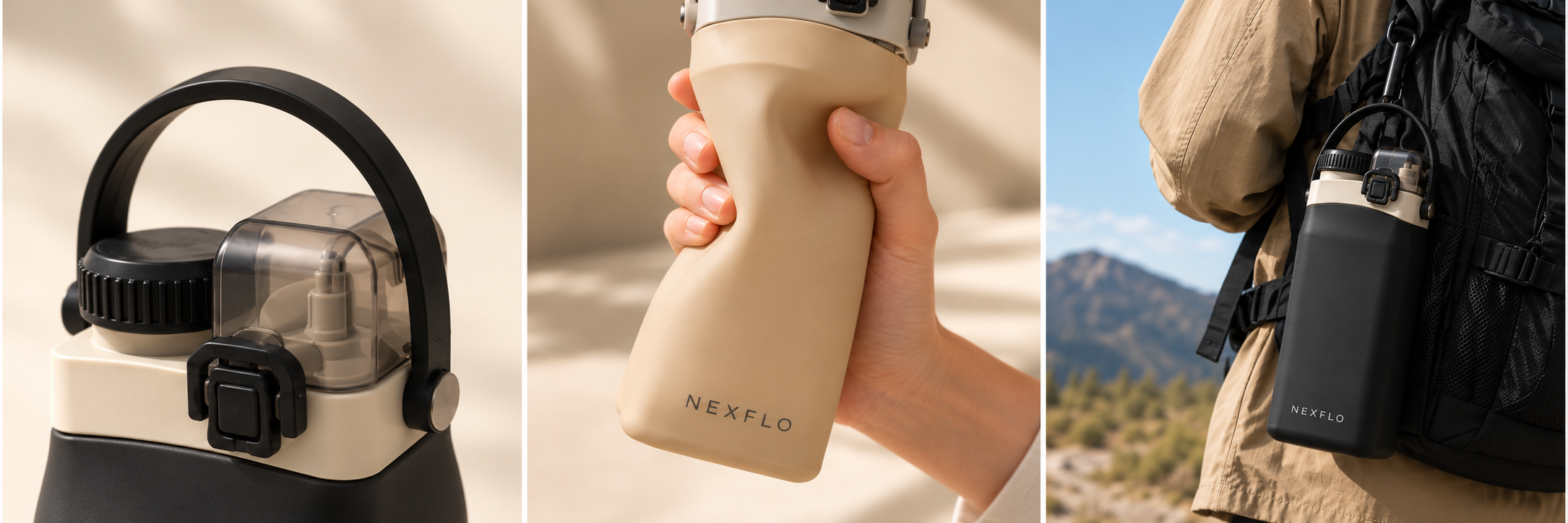 NEXFLO bottle details, flexible Sand Beige silicone body, and Shadow Black bottle carried on a backpack